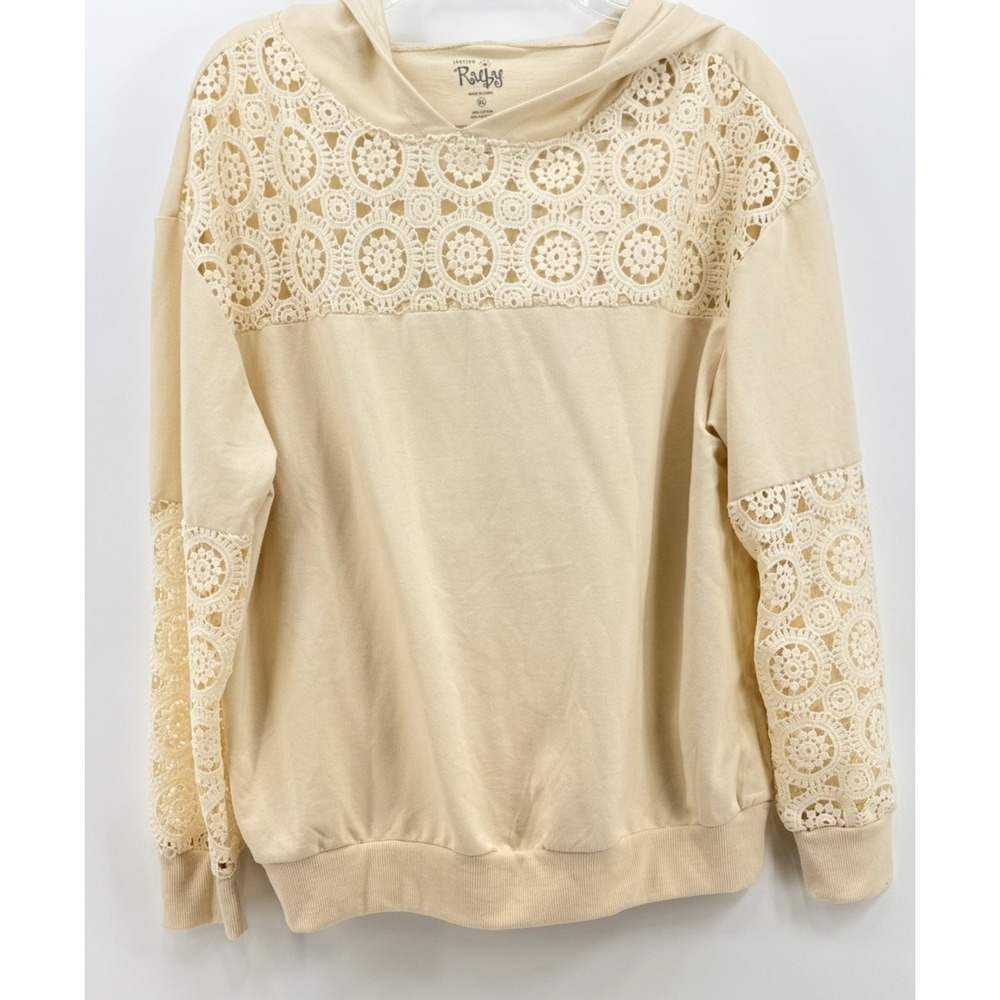Jantzen Ruby Womens XL Beige Lace Accent Hooded Neck Pullover Sweatshirt